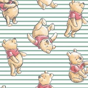 Winnie the Pooh Stripe. Cotton Fabric. Watercolor Pooh Bear on Green Stripes with White Background. By the Half Yard, 18&quot; long x 43&quot; wide.