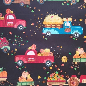 Hayrides and Happiness, by Greta Lynn, for Kanvas Fabrics. Trucks and Tractors on Black  Cotton Fabric. By the Half Yard, 18&quot; x 43&quot; wide.