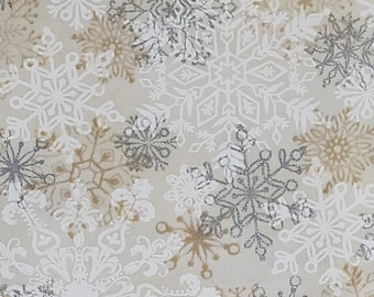 Layered Snowflakes. Cotton Fabric. Intricate Gold, Metallic Silver, and White Snowflakes  on Beige. By the Half Yard, 18" x 43".