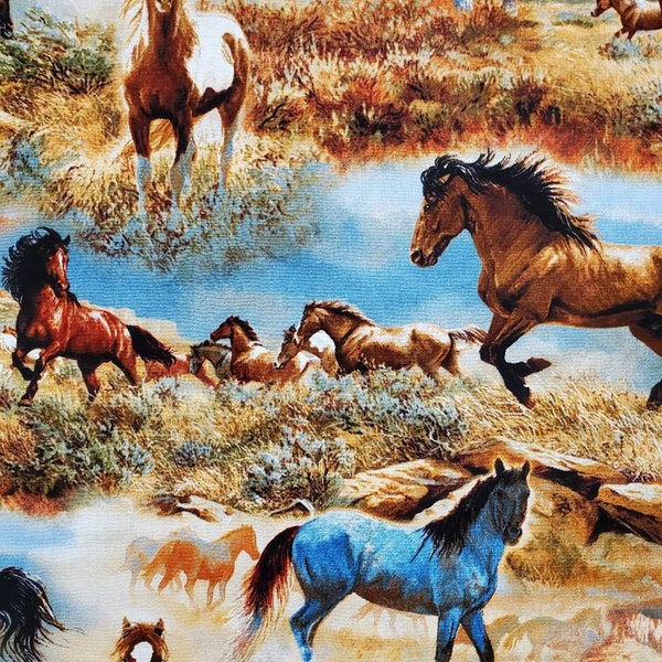 Horses In The Prairies. Cotton Fabric by Wild Wings, for David Textiles. Rustic Canyon Colors. By the Half Yard, 18" long x 43" wide.