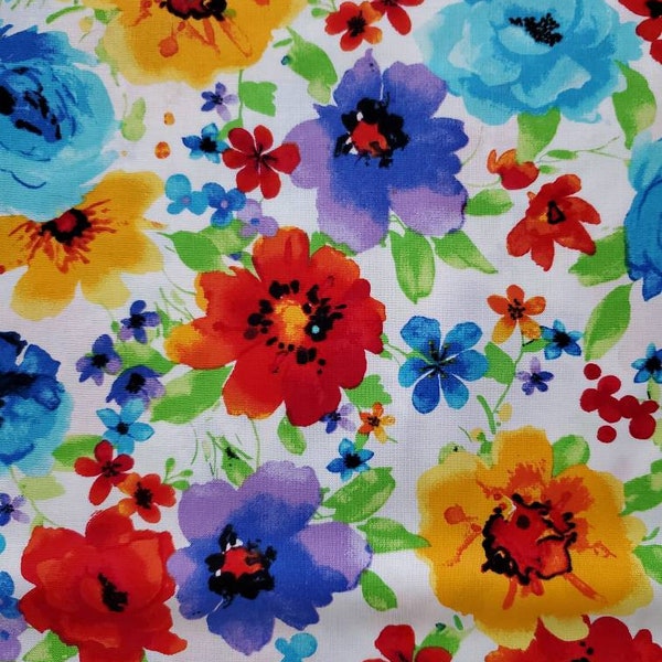 Brilliant Watercolor Floral. Cotton Fabric. Watercolor Floral in Vibrant Red, Turquoise, Purple, and Gold. By the Half Yard. 18" x 43" wide.