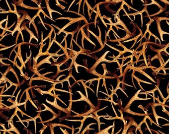 Antlers Galore. Cotton Fabric. Digitally Printed Antlers on a Rich Black Background. By the Half Yard, 18" long x 43" wide.