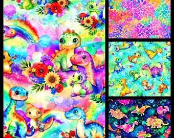 Baby Dinos. Cotton Fabric in Bright Pink, Blue, Aqua, Yellow, and Red Tones. Dinos, Tracks, & Silhouettes. By the Half Yard, 18"x43" wide.