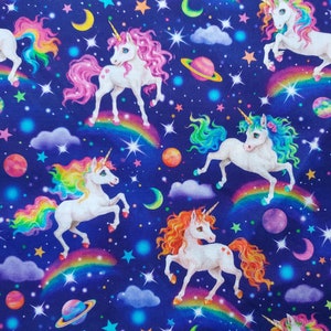 Unicorn Galaxy. Cotton Fabric by ATED. Unicorns, Planets, Rainbows, Stars, Moons, Clouds on Deep Blue. By the Half Yard, 18" x 43" wide.