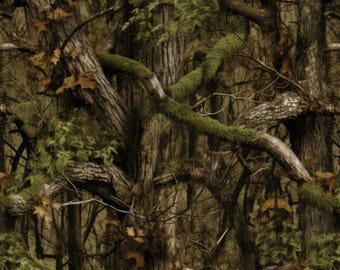 Forest Blanket. Cotton Fabric. Tall Timbers with Green and Brown Leaves, Mossy Branches, Dark Black Shadows. By the Half Yard, 18x43.