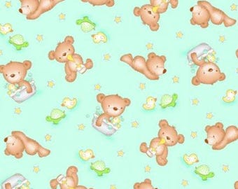 FLANNEL. Baby Bear Bubbles. Cotton Flannel. Bears, Bathtubs, Ducks, Turtles, and Stars on Aqua. By the Half Yard, 18" long x 43" wide.