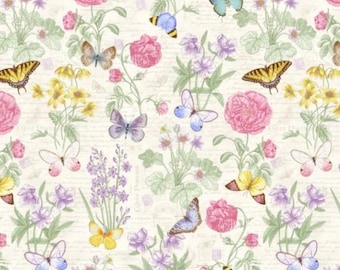 Fluttering Florals. Cotton Fabric by Henry Glass. Spring Flowers and Butterflies on a Cream Background. By the Half Yard, 18"x43".