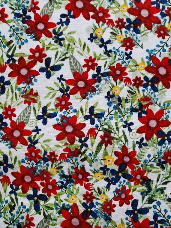 Hometown America, Cotton Fabric, by Beth Albert for 3 Wishes. Deep Red and Blue Flowers on White. By the Half Yard. 18" long x 43" wide.