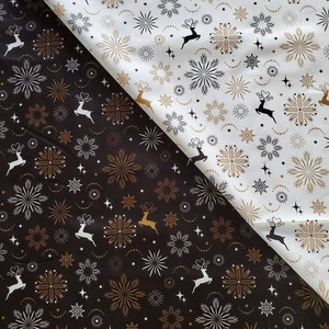 Wonderland, 100% Cotton Fabric, by Mook Fabrics. Elegant Black, White, and Gold Metallic Winter Images. By the Half Yard. 18" x 43" wide.