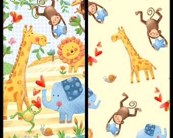 Wee Ones Cotton Fabric Bright Zoo Panel or Coordinating Print. Panel, 36&quot; x 43&quot;. Matching Fabric, By the Half Yard, 18&quot; x 43&quot;.