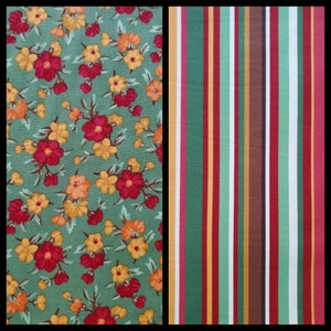 Fall Season Sampler, Floral or Stripe, Cotton Fabric by Studio 37. Olive Green, Deep Gold, Cranberry, Brown. By the Half Yard, 18&quot; x 43&quot;.
