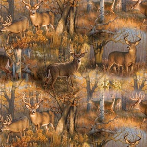 May include: A repeating fabric pattern featuring brown deer with large antlers standing in an autumn forest. The scene includes golden-brown foliage, bare tree trunks, and soft light, creating a woodland landscape with multiple buck figures.