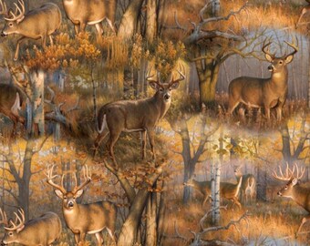 Deer Crowd. Cotton Fabric by David Textiles. Bucks and Does in an Afternoon Fall Woods of Golds & Oranges. By the Half Yard, 18" x 43" wide.