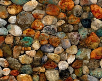 River Rock. Cotton Fabric. Terra Cotta, Turquoise, Gray, Black, White, and Tan Rocks. By the Half Yard, 18" x 43" wide.