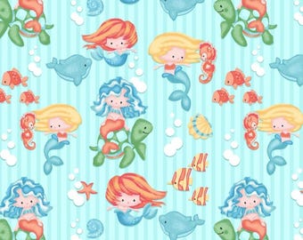 FLANNEL. Mini Mermaids, Cotton Flannel. Mermaids, Turtles, Seahorses, Whales, & Bubbles on Aqua Stripe. By the Half Yard, 18" x 43" wide.