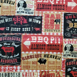 May include: A red and black patterned fabric with a variety of signs advertising barbecue restaurants. The signs feature text such as "Barbeque Heaven", "The Best BBQ in Town", "BBQ Pit Almost There!" and "Jim's Hickory Smoked BBQ".