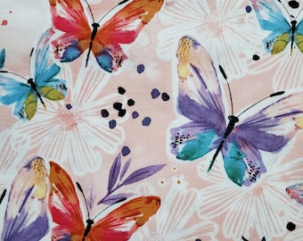 Painted Watercolor Butterflies. Cotton Fabric by Brother Sister Design Studio. Pink, Purple, White. By the Half Yard, 18" x 43" wide.