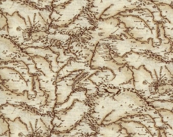 Wilderness Map. Cotton Fabric. Topographical Map in Creams, Browns, and Tans. By the Half Yard, 18" long x 43" wide.