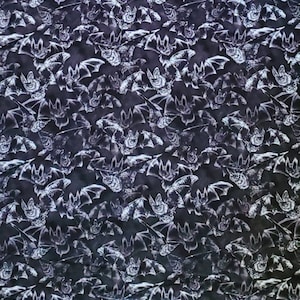 Z Bat Crazy, Cotton Fabric. Wispy White Bats on Black. By the Half Yard. 18&quot; long x 43&quot; wide.