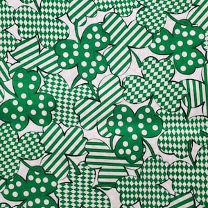 Sassy Shamrocks, Cotton Fabric. Polka-dot, Striped, and Checked Shamrocks in Kelly Green and White. By the Half Yard, 18&quot; long x 42&quot; wide.