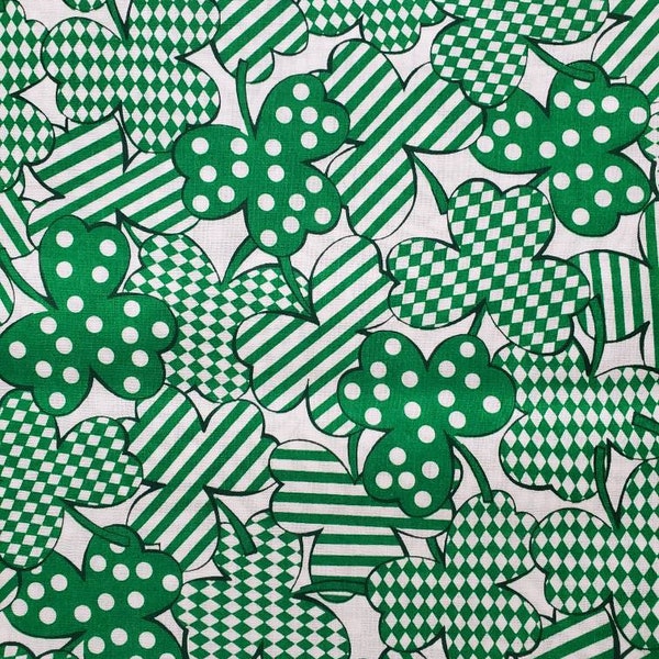 Sassy Shamrocks, Cotton Fabric. Polka-dot, Striped, and Checked Shamrocks in Kelly Green and White. By the Half Yard, 18" long x 42" wide.