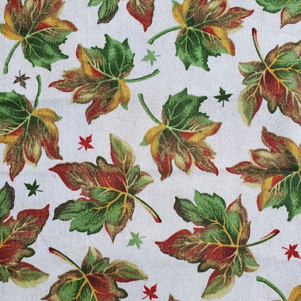 Autumn Leaves. Cotton Fabric. Olive Green, Gold, and Burgundy Leaves on an Ecru Speckled Background. By the Half Yard, 18" long x 42" wide.