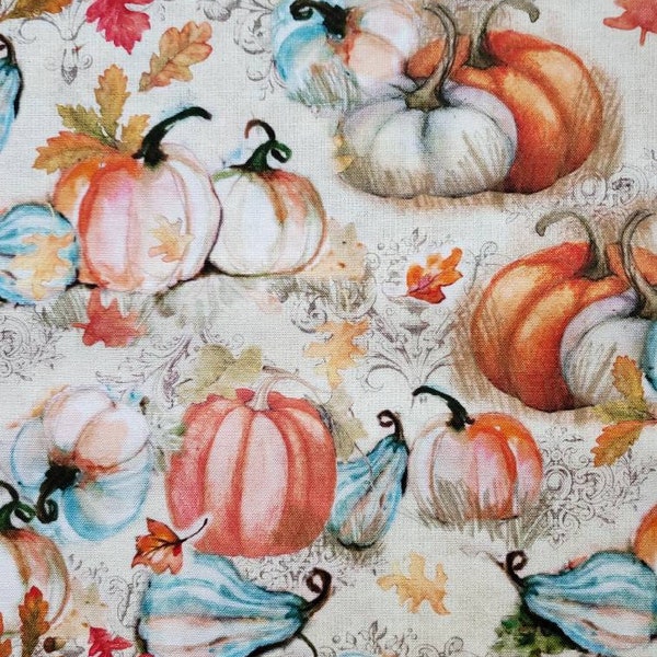 Faded Pumpkins Packed, by Susan Winget, for Springs Creative. Orange, Aqua, and Cream Pumpkins on Ivory. By the Half Yard, 18" x 43" wide.