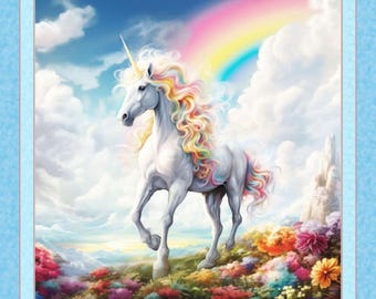 End of the Rainbow. Cotton Fabric Panel. Watercolor Unicorn with Rainbow and Flowers. Blues, Pink, Yellow. By the Panel, 36" wide x 43"long.