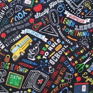 School Time Chalkboard, Cotton Fabric by Timeless Treasures. Classic Colors, Images, and Phrases on Black. By the Half Yard, 18" x 43" wide.