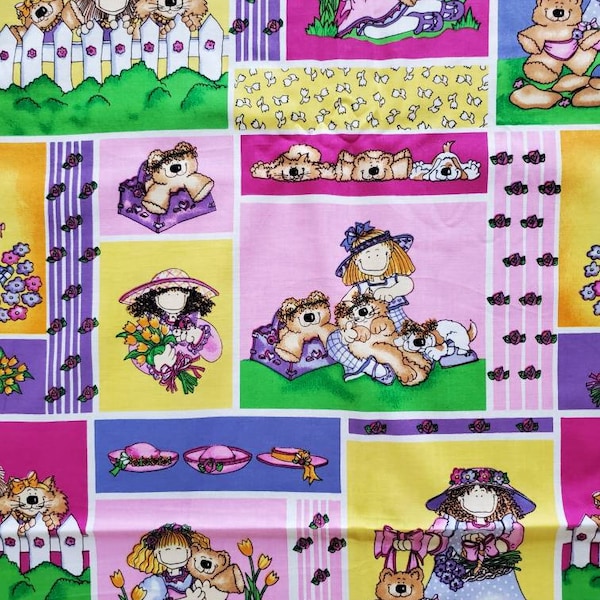 Love Ya To Bits by Patti D. Cotton Fabric. Cute Little Girls and Friends in Pink, Purple, and Yellow. By the Half Yard, 18" x 40" wide.