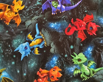 Baby Dragon. Cotton Fabric. Red, Turquoise, Lime, Purple, & More Dragons on a Dark Green Mottled Background. By the Half Yard, 18"x43" wide.