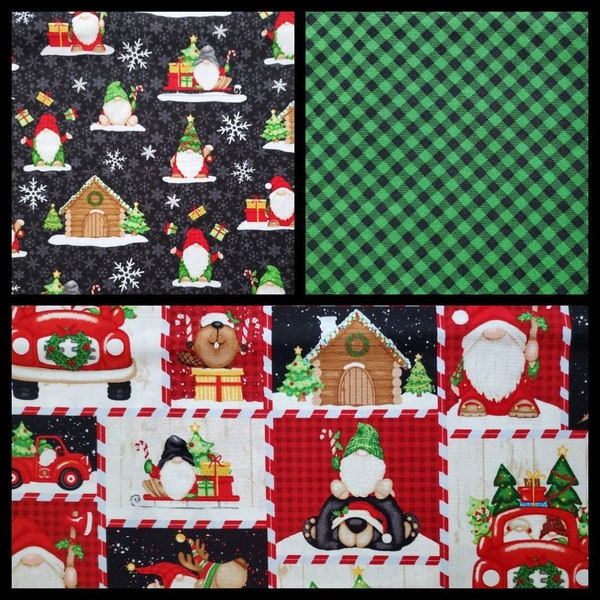 Timber Gnomies Tree Farm, Cotton Fabric by Shelly Comiskey, for Henry Glass. 3 Coordinating Prints. By the Half Yard, 18" long x 43" wide.