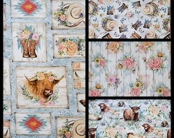 Watercolor Highland Cows. Cotton Fabric. 4 Coordinating Prints in Soft Blues, Pinks, Tans, and Yellows. By the Half Yard, 18" x 43" wide.