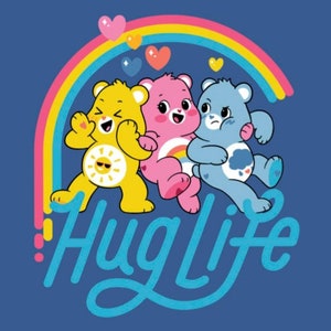 Care Bear Hug Life Cotton Fabric Panel. Sunshine, Grumpy, and Cheer Bears Riding the Rainbow of Happiness. 36&quot; wide x 43&quot; long.