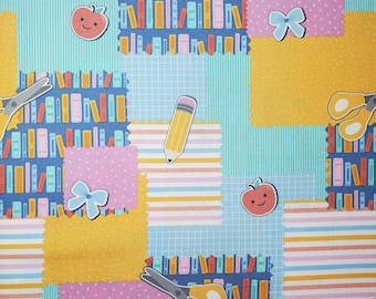 Back To School Patchwork. Blocks of Books, Striped and Checked Blocks, Tossed Pencils, Scissors, and More. By the Half Yard, 18"x43".