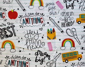 Back To School, Notebook Paper, Sayings, Bus, Rainbow, Cotton Fabric by Brother Sister Design. By the Half Yard, 18" x 43" wide.