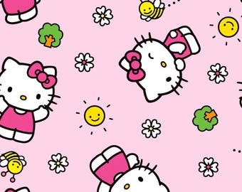 Hello Kitty. Cotton Fabric. Kitties in Dark Pink Dresses & Bows, with Bugs, Suns, and Flowers on Light Pink. By the Half Yard, 18"x43" wide.