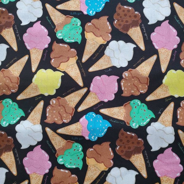 Ice Cream, 100% Cotton Fabric. Multi-colored Ice Cream Cones on a Solid Black Background. By the Half Yard, 18" long x 43" wide.