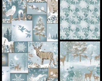 Winter Whispers. Cotton Fabric. Choose from 3 Coordinating Prints, Hues of Spruce Green, Teal, Gray, and Tan. By the Half Yard, 18"x43".