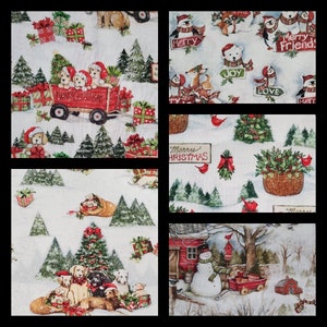 May include: A collection of six fabric squares featuring a winter holiday theme with images of dogs, penguins, snowmen, and Christmas trees. The fabric squares are printed with the words "Merry Christmas", "Merry Friend", "Joy", "Love", and "Merry".