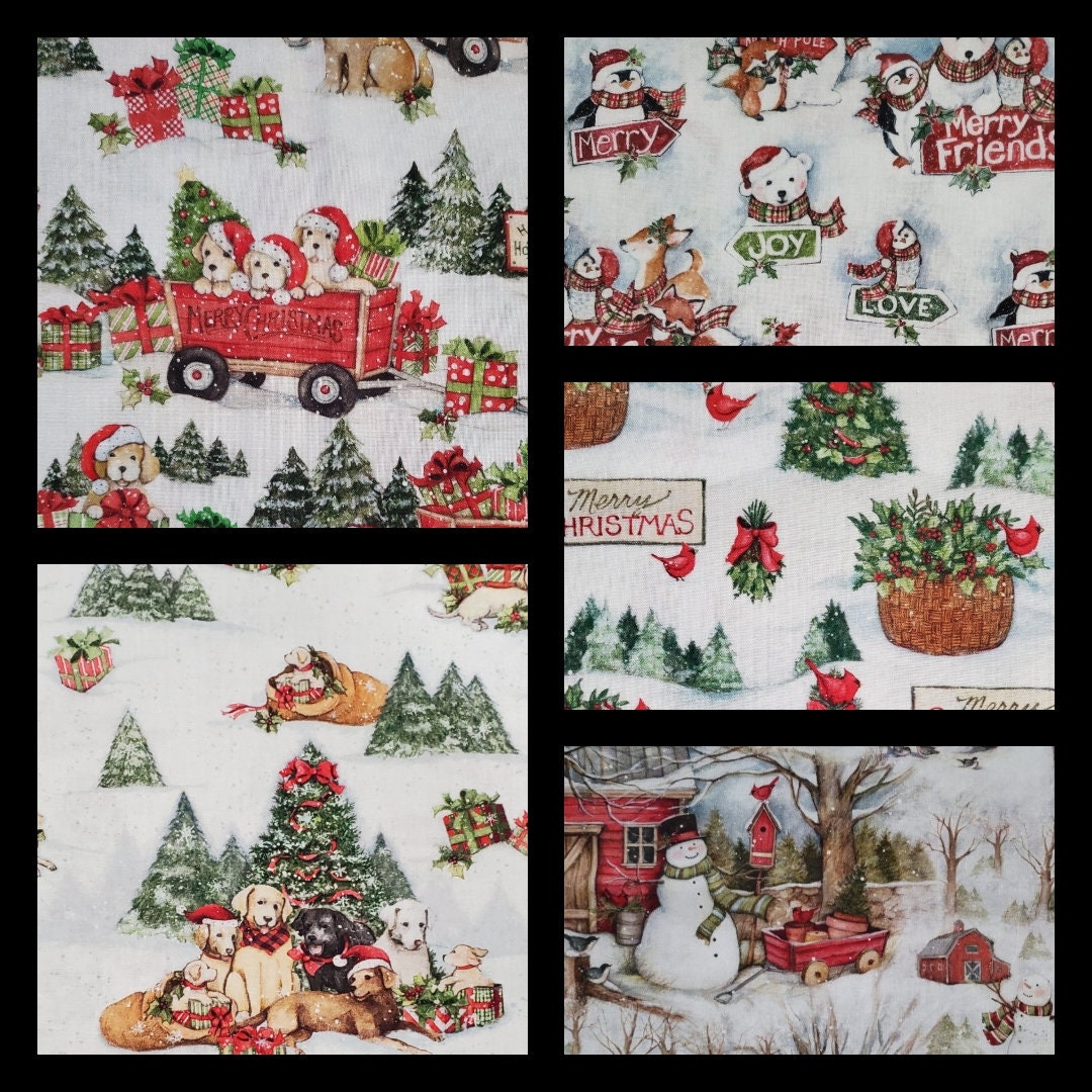 Susan Winget Christmas Prints. Puppies, Polar Friends, Barns, Trees, and Cardinals by Springs Creative. By the Half Yard, 18" x 43" wide.