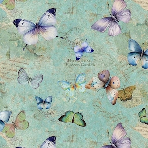 May include: A vintage-inspired fabric featuring a repeating pattern of colorful butterflies on a light blue background with faded text and postage stamps. The text reads "Botanical Flower Garden".