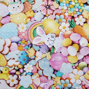 Easter Sweets. Cotton Fabric in Pastel Colors. Easter Candies and Decorated Cookies, Jelly Beans, Bunnies, Eggs. By the Half Yard, 18x43.