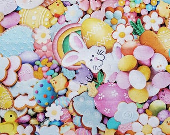 Easter Sweets. Cotton Fabric in Pastel Colors. Easter Candies and Decorated Cookies, Jelly Beans, Bunnies, Eggs. By the Half Yard, 18x43.