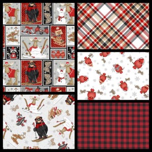 May include: A collage of winter-themed fabric patterns. The designs include a red and black buffalo plaid, a red and white plaid, and a white background with red cardinals. Other patterns feature cartoon moose, bears, and snowmen.