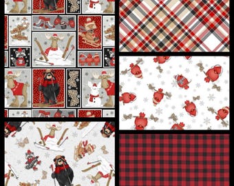 Pinecone Ridge Lodge by Henry Glass. Cotton Fabric. Bear, Fox, Raccoon, Moose, Owl in Black, Red, Gray, and Tan. By the Half Yard, 18"x43".