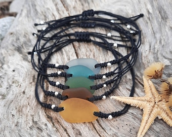 Sea Glass Bracelet, Adjustable Cord, Genuine Spanish Sea Glass, Rare Colours, Sterling Silver 925 Beads, Special, Unique, Gift for Her