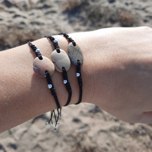Beach Pebble Bracelet, Adjustable Cord, Genuine Spanish Sea Rock, Natural Stone, Sterling Silver Beads, Special, Unique, Gift for Her