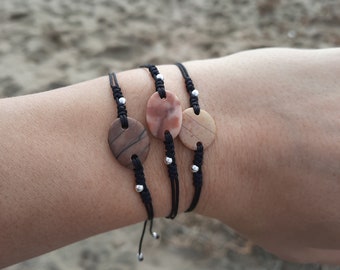 Bracelet de plage en galets, cordon réglable, véritable roche marine espagnole, pierre naturelle, perles en argent sterling 925, spécial, unique, cadeau pour elle
