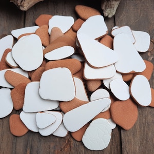 Peut inclure: Un ensemble de pierres plates de forme irrégulière, blanches et brun rougeâtre. Les pierres ont une surface texturée et sont disposées sur un fond en bois, créant une esthétique naturelle et rustique.